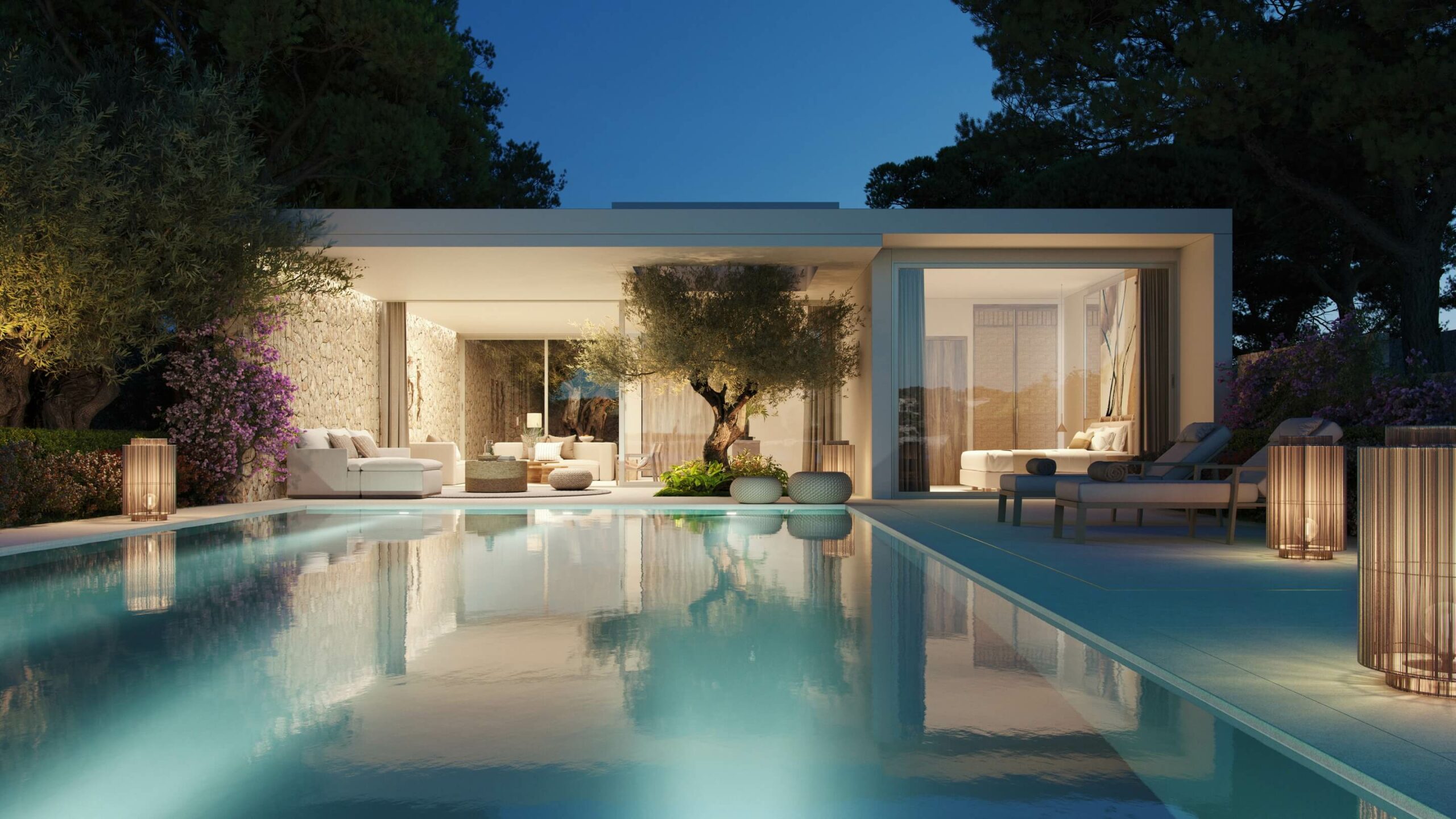 Ikos Porto Petro _ Deluxe Two Bedroom Bungalow Suite Private Pool Exterior View - Blue Hour_2880x1620 (1)